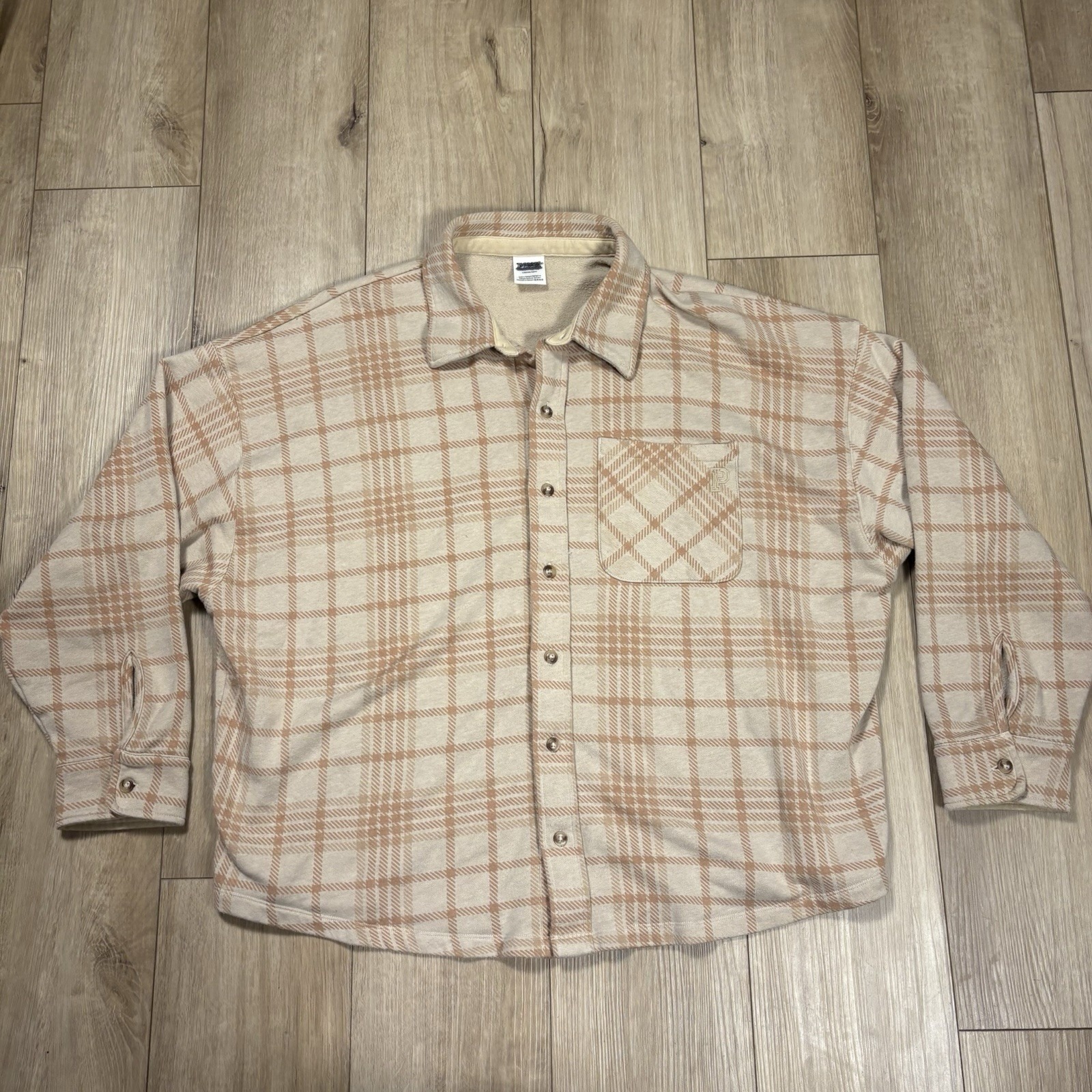 Pink By Vs Women's Button Front Plaid Flannel Beige Tan Size Large Soft